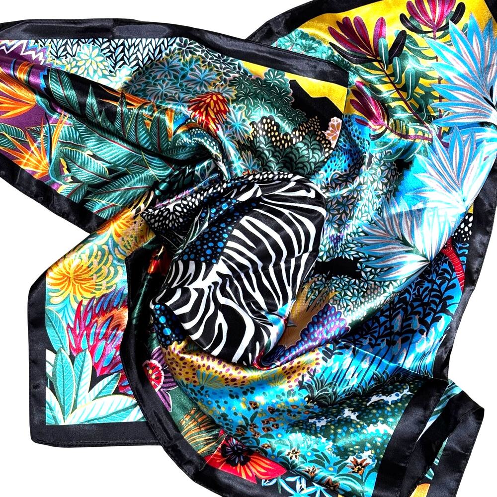Square zebra scarf silky satin polyester jungle print multicolor black & white - Picture 8 of 10